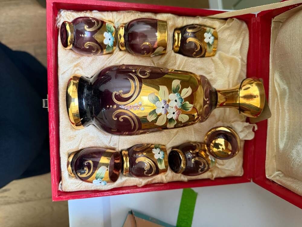 Bohemian Purple Glass Decanter w/ 5 Cups Gold Encrusted & Enameled Flowers